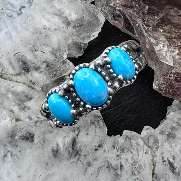 Carolyn Pollack Sterling Silver 3 Oval Turquoise Decorated Ring For Women - Picture 13 of 13